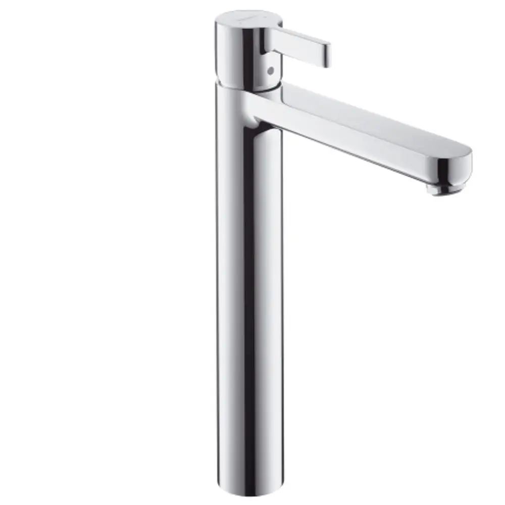 Hansgrohe Einhebel-Waschtischmischer aus verchromtem Metall mit langem Auslauf und seitlichem Hebel, geeignet für Aufsatzwaschtische und mit Zugstangen-Ablaufgarnitur.